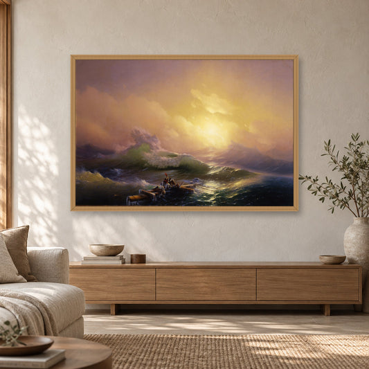 The Ninth Wave by Ivan Aivazovsky — oak frame, Scandi Japandi living room mockup