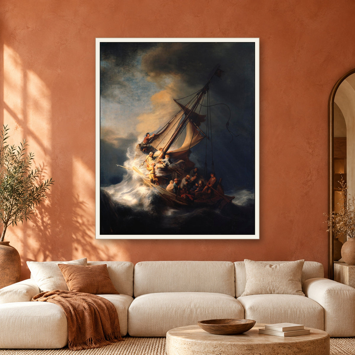 The Storm on the Sea of Galilee by Rembrandt — framed interior mockup