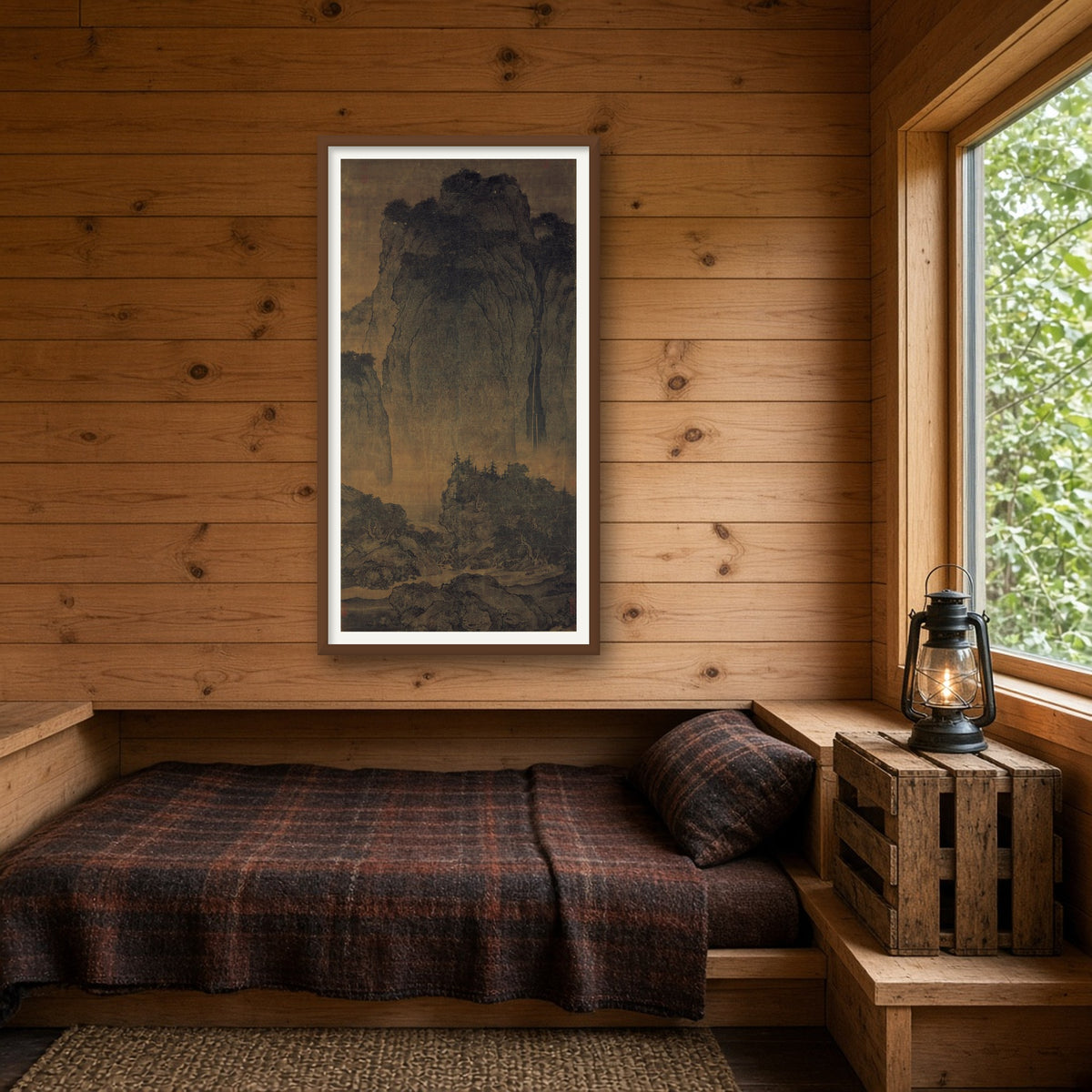 Travelers Among Mountains and Streams by Fan Kuan — room mockup
