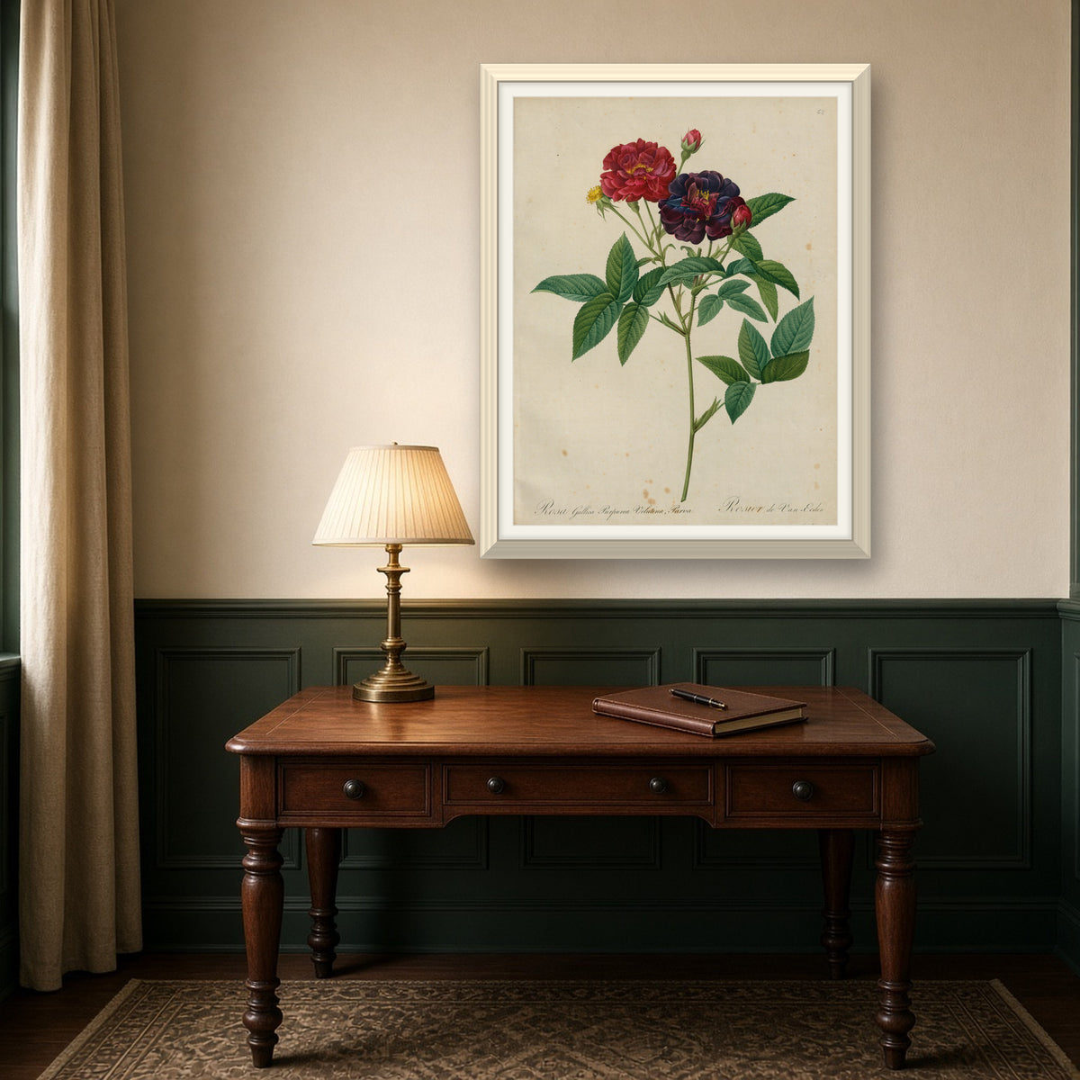 Van Eeden Rose (Rosa Gallica Purpurea Velutina Parva), Plate 62 from Les Roses by Pierre-Joseph Redouté — room mockup