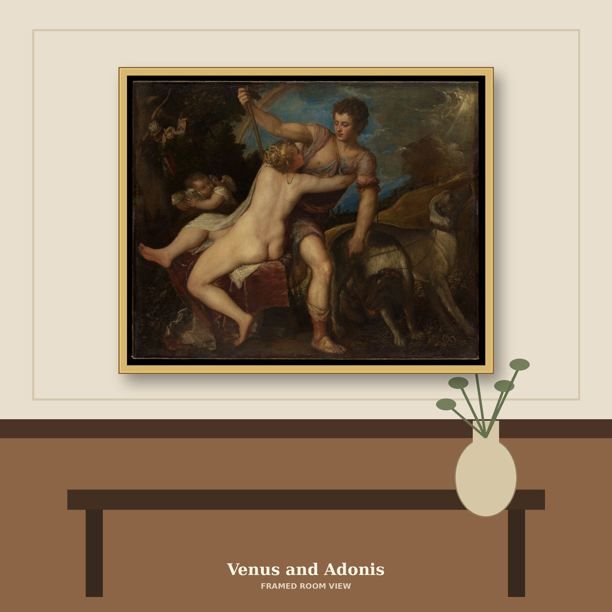 Venus and Adonis by Titian (Tiziano Vecellio), room mockup