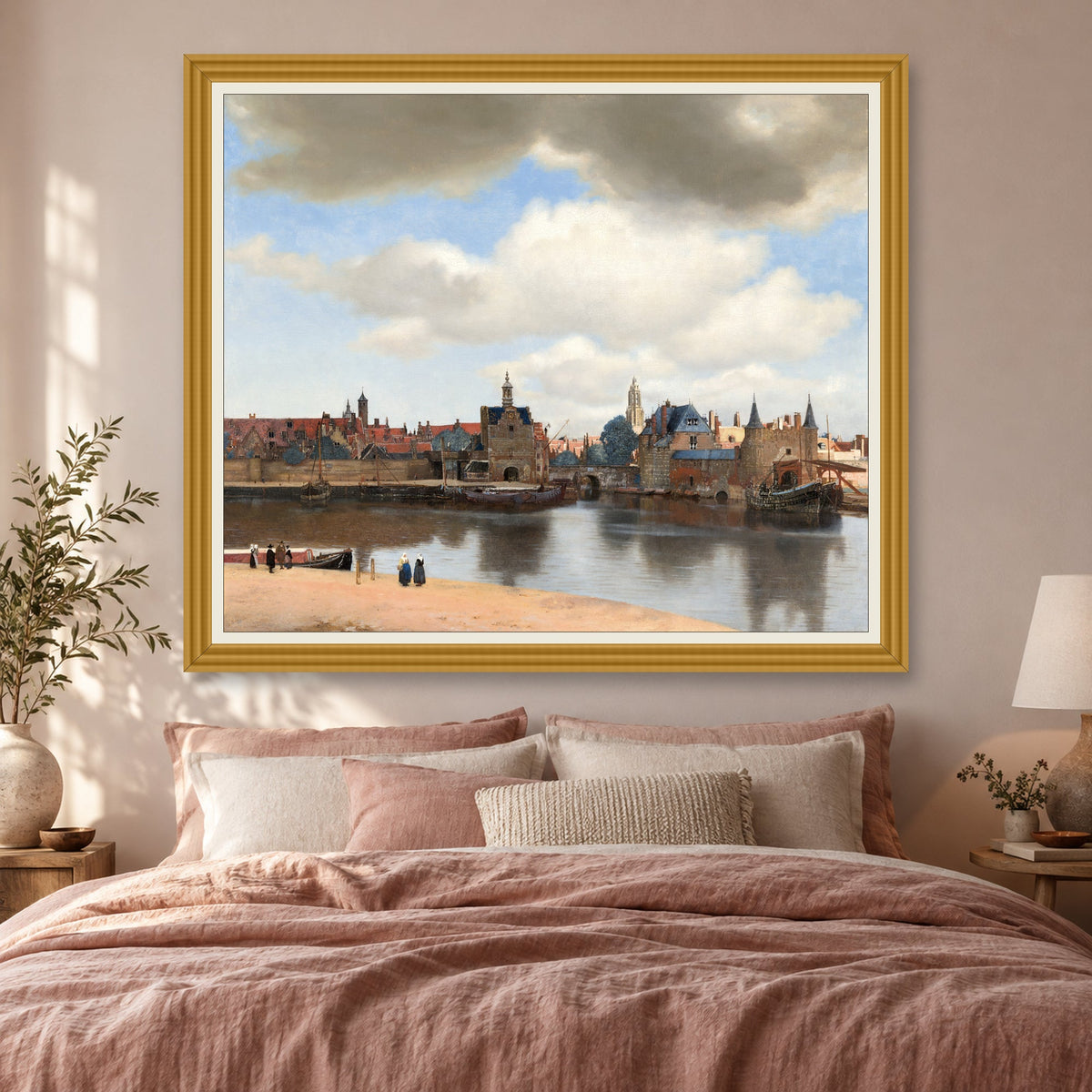 View of Delft by Johannes Vermeer — ornate gold frame, bedroom mockup