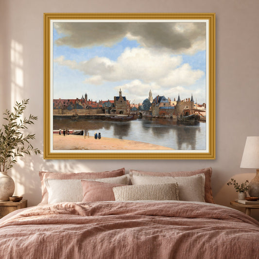 View of Delft by Johannes Vermeer — ornate gold frame, bedroom mockup