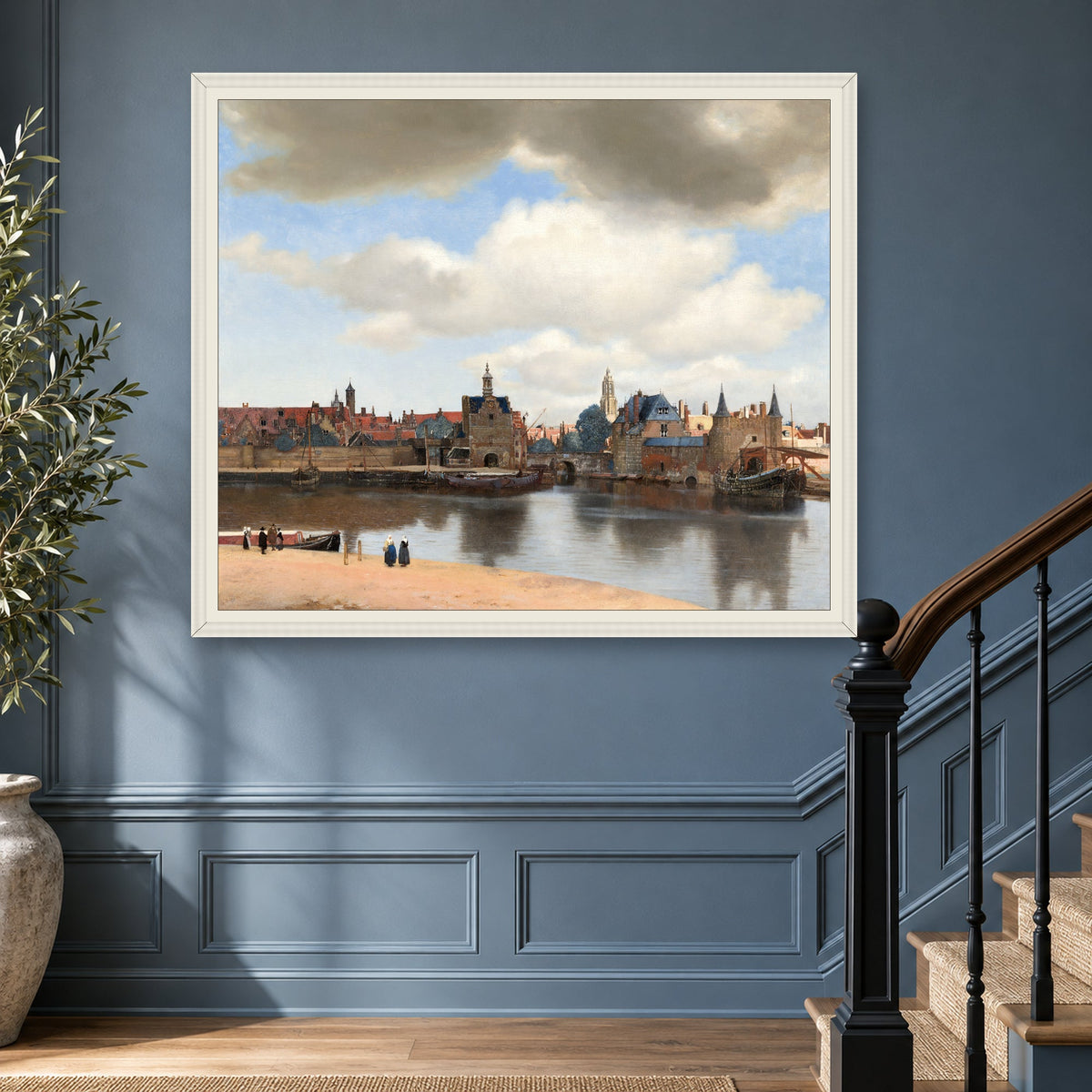 View of Delft by Johannes Vermeer — white frame, hallway and stairs mockup