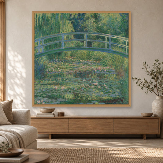 Water Lily Pond by Claude Monet — oak frame, Scandi Japandi living room mockup