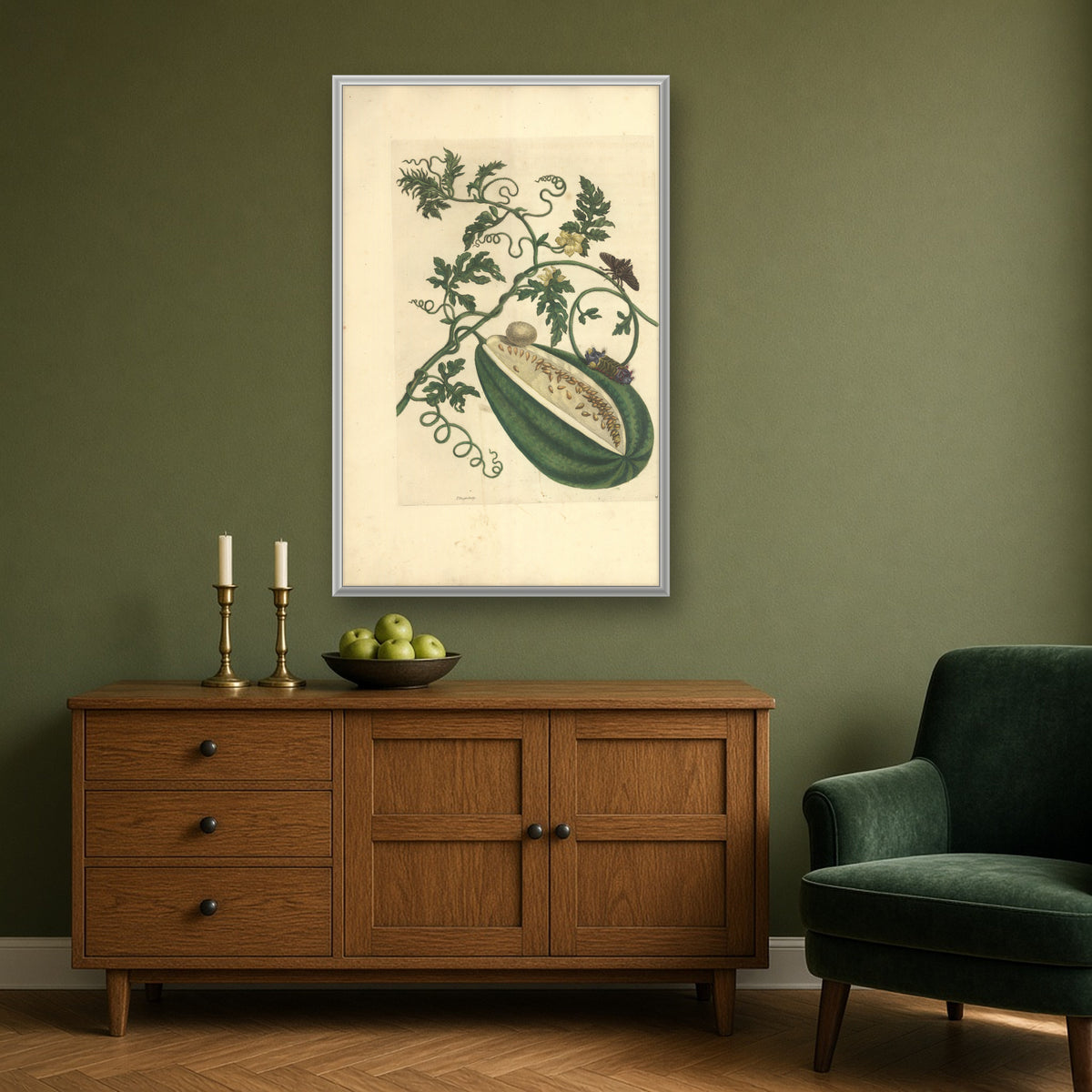 Watermelon with Moths, Plate 15 from Metamorphosis of the Insects of Surinam by Maria Sibylla Merian — room mockup