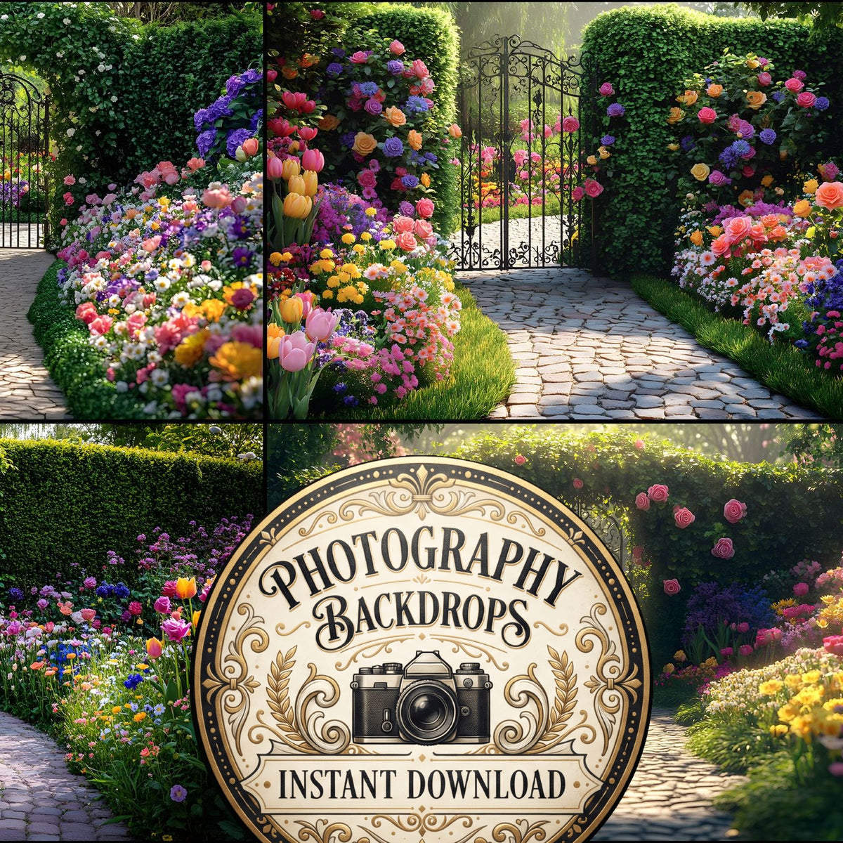 Whimsical Flower Garden Lush floral digital photography backdrops, preview of the downloadable set