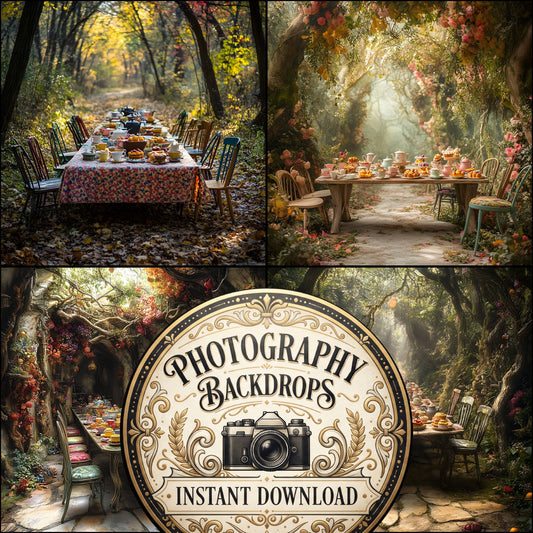 Whimsical Tea digital photography backdrops, preview of the downloadable set