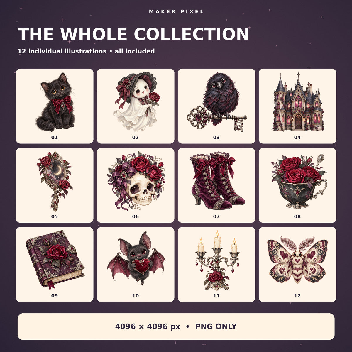 Whimsical Gothic – all 12 included designs