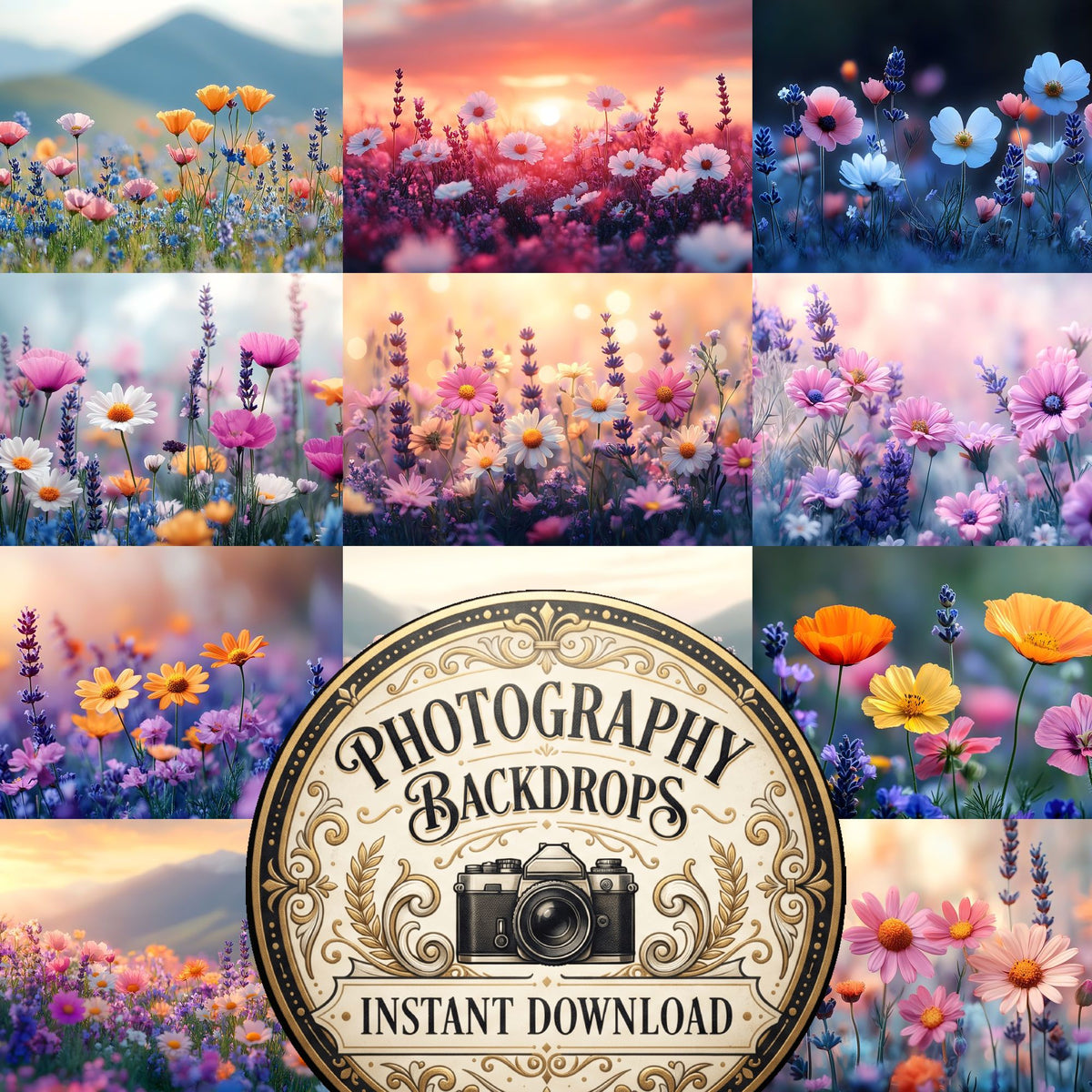 Wildflower Meadow Whimsical floral digital photography backdrops, preview of the downloadable set