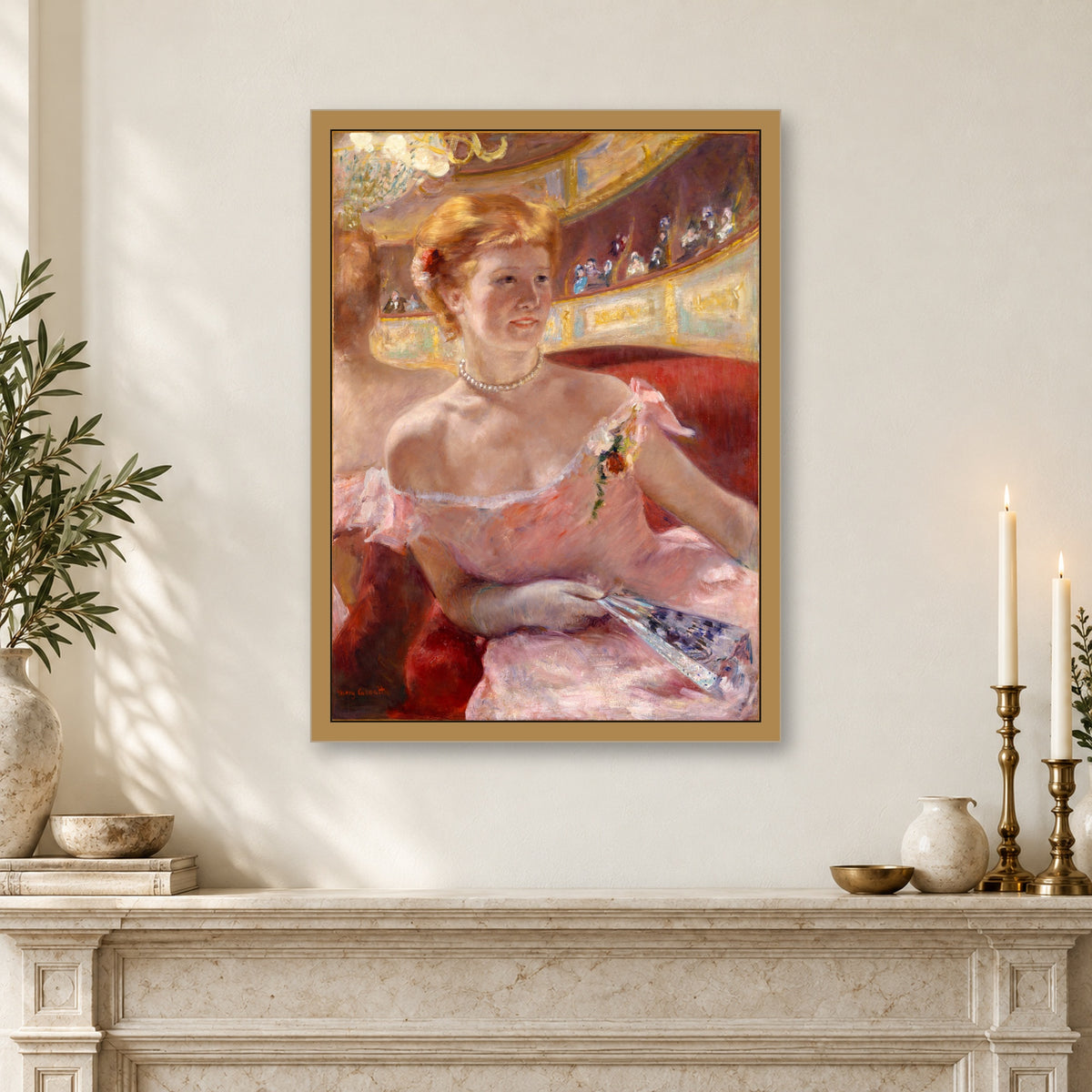 Woman with a Pearl Necklace in a Loge by Mary Cassatt — framed interior mockup