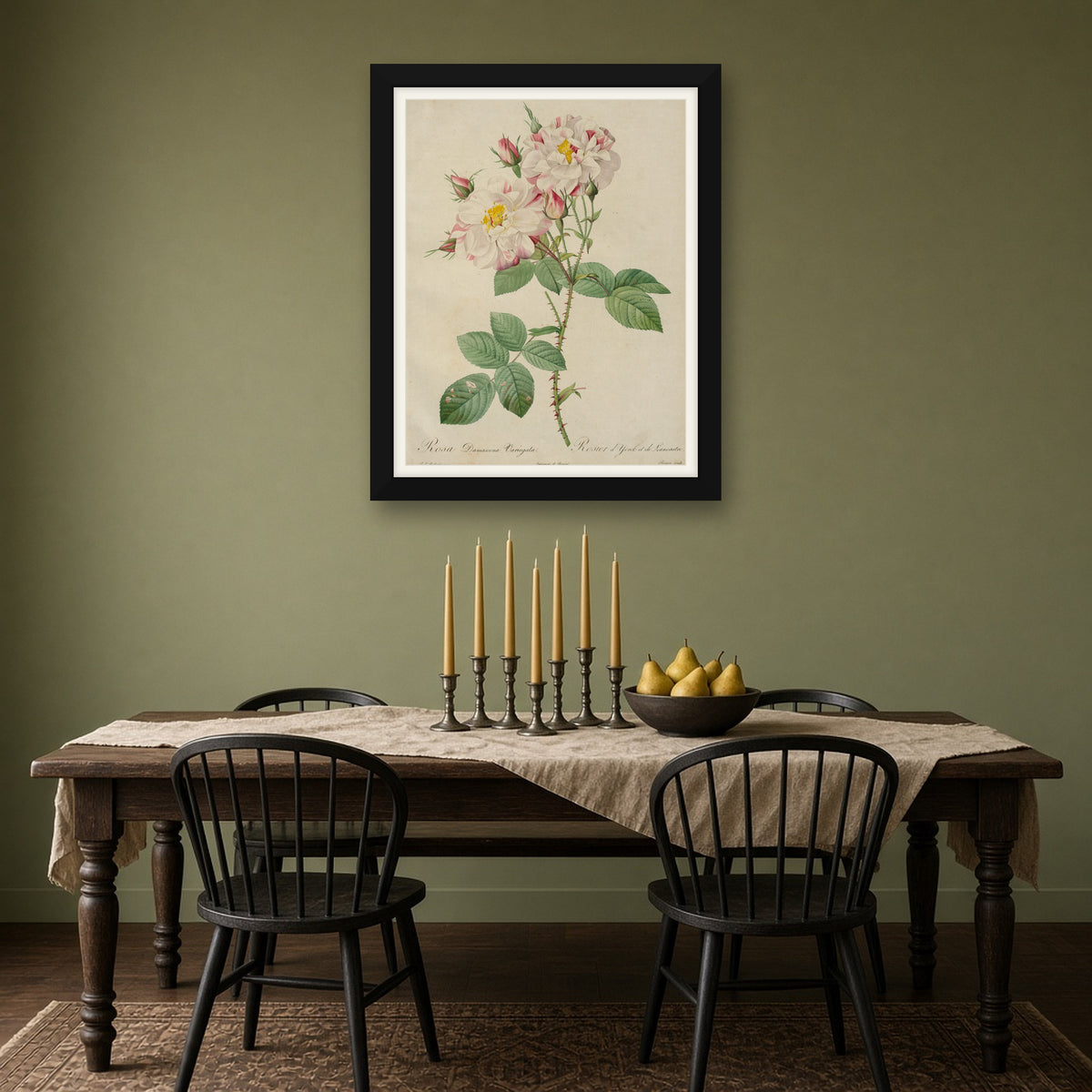 York and Lancaster Rose (Rosa Damascena Variegata), Plate 55 from Les Roses by Pierre-Joseph Redouté — room mockup