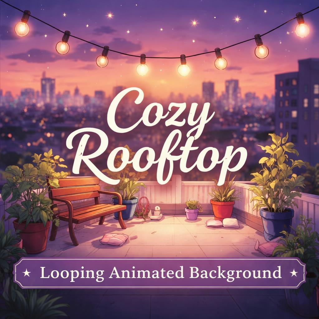 Animated City Rooftop Sunset Loop | Neon rain skyline background video | Anime & Kawaii stream, VTuber, overlay