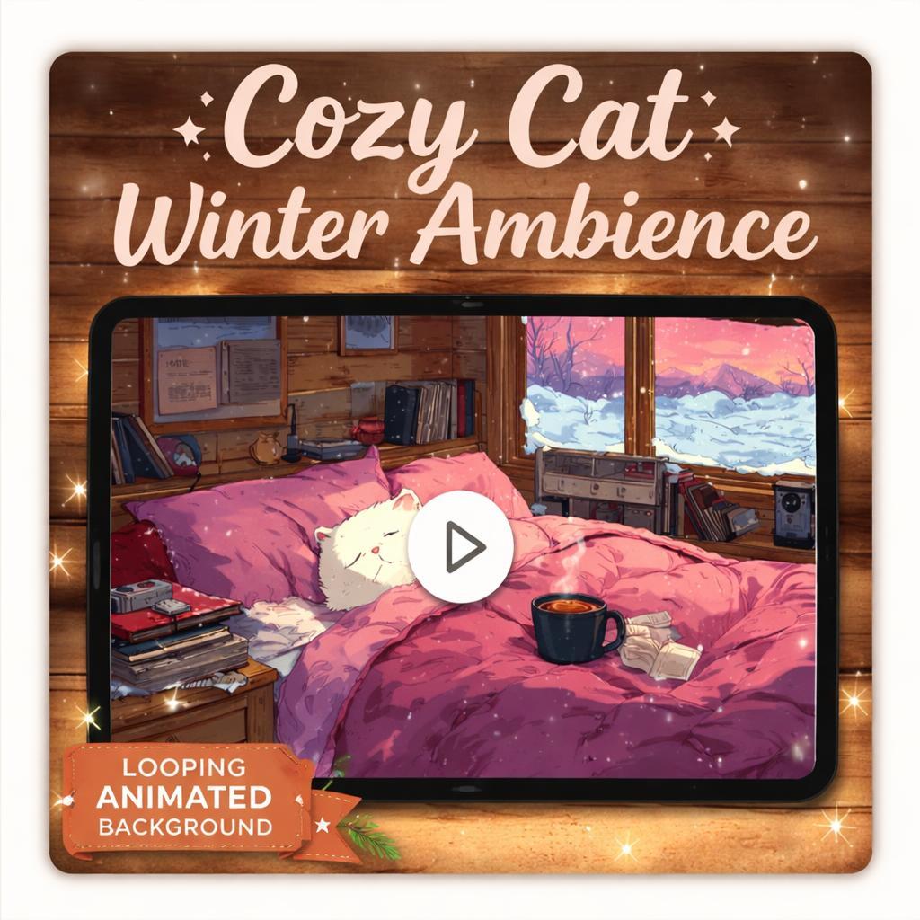 Cozy winter cabin cat loop | Cute anime kawaii background, lofi cozy ambience | Snowy video for streaming and study