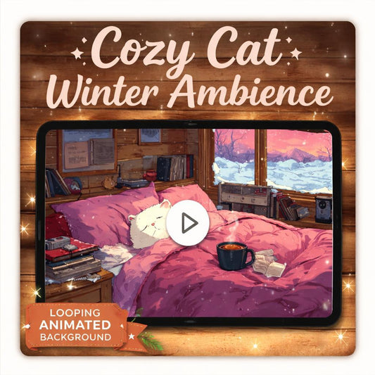 Cozy winter cabin cat loop | Cute anime kawaii background, lofi cozy ambience | Snowy video for streaming and study