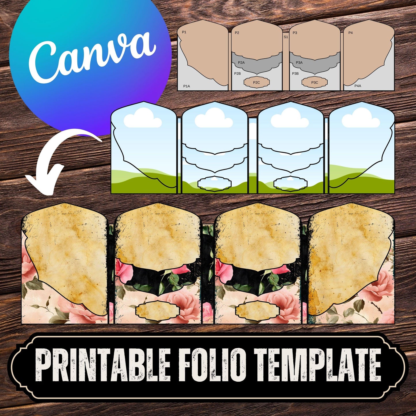 Canva Junk Journal Template - Canva Frame Folio Kit Template - Custom Junk Journal Folio - Digital Folding Folio Folder Kit, Commercial Use