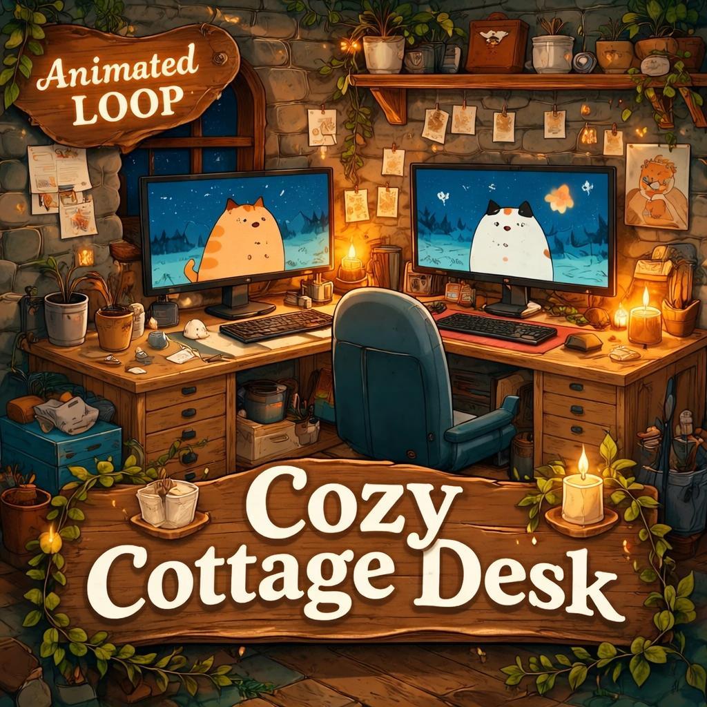 Cozy cottage studio cat animation loop | cute anime kawaii background video | lofi cozy ambience for streams and study