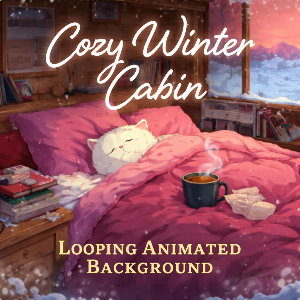 Cozy winter cabin cat loop | Cute anime kawaii background, lofi cozy ambience | Snowy video for streaming and study