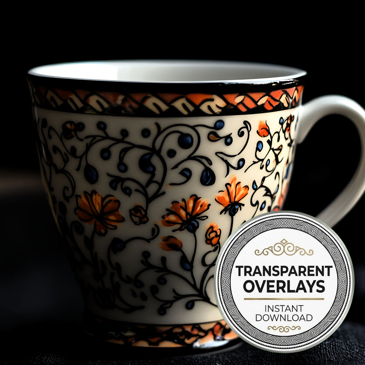 Artisan Artistic Decorated Coffee Cup transparent PNG overlays for photo editing, cover preview