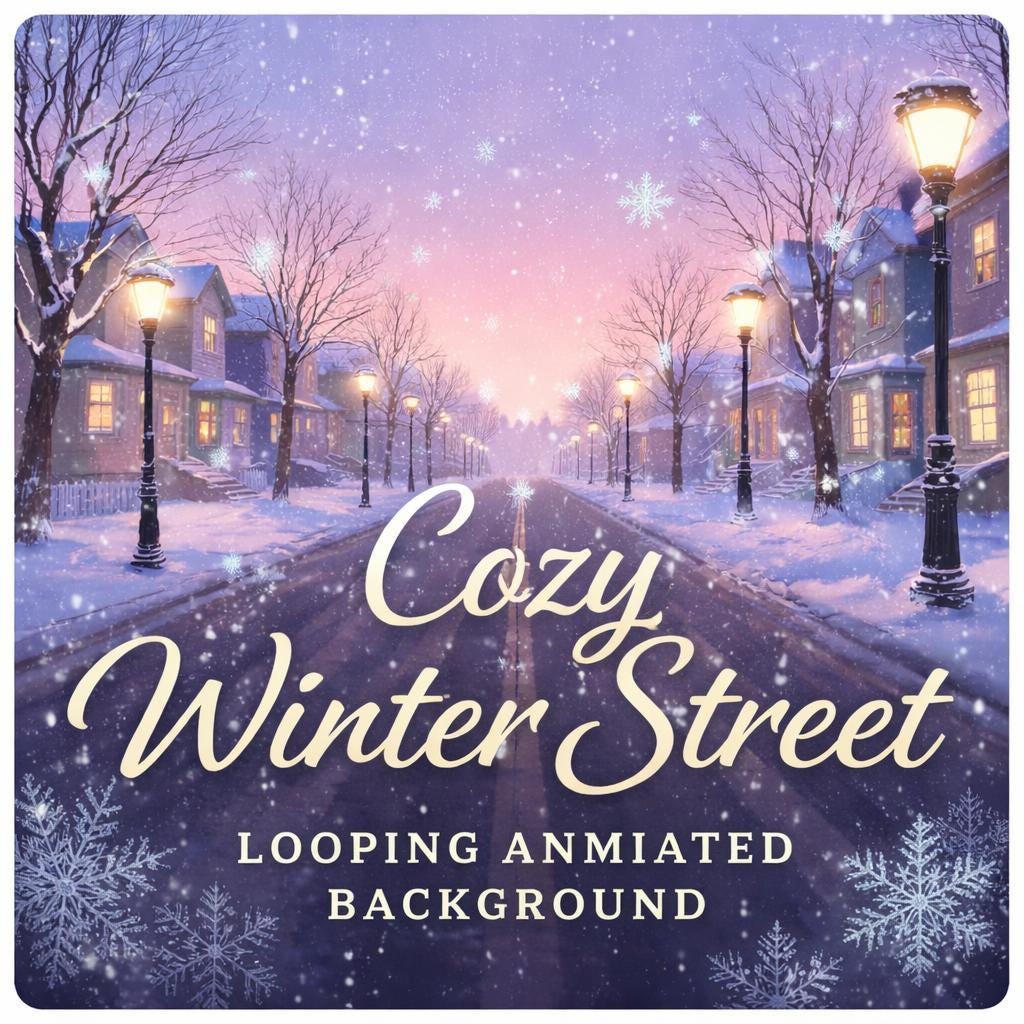 Snowy Winter Street Loop Animation | Animated background, cozy ambience, winter video | Snow loop for streams, overlays, decor