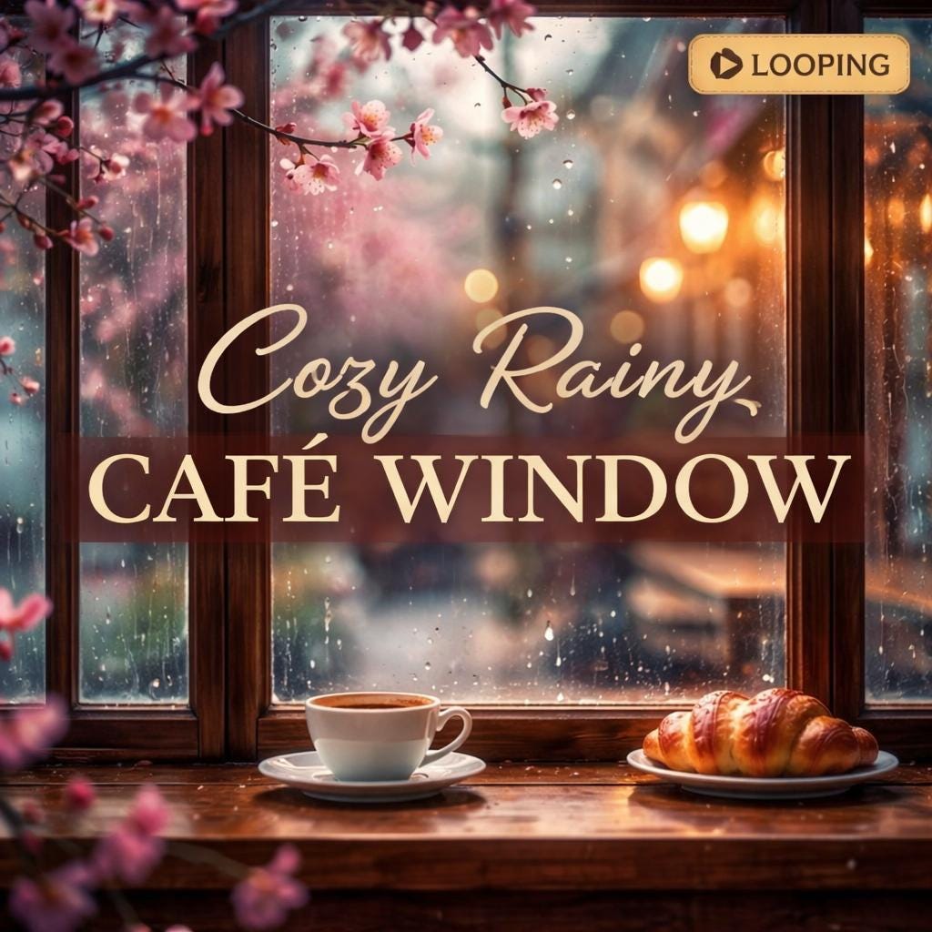 Rainy Cafe Window Ambience | Cozy lofi animated background, seamless rainy loop video | Window, cafe, study, streaming backdrop
