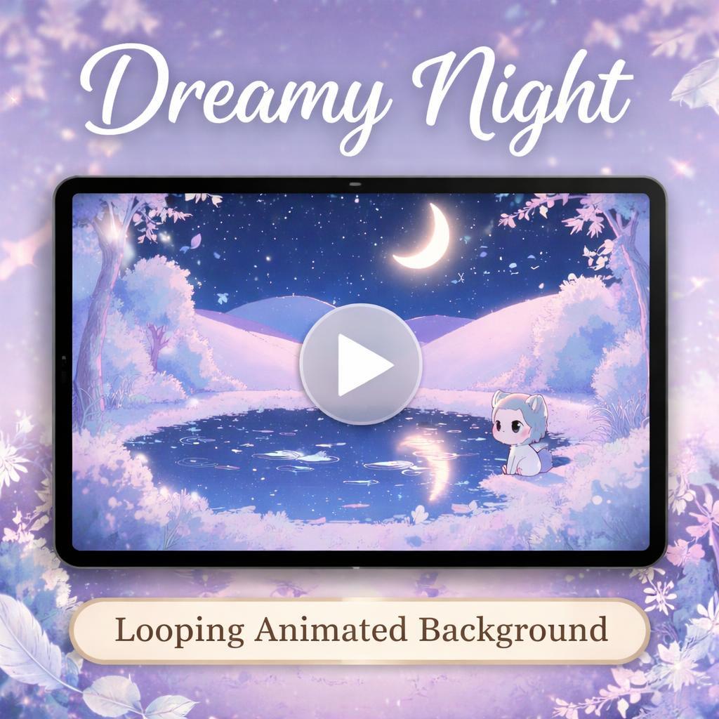 Anime Background Moon Lake Loop | Cute Kawaii Night Sky Space Video | Calming Nature Background for Streaming and Overlays
