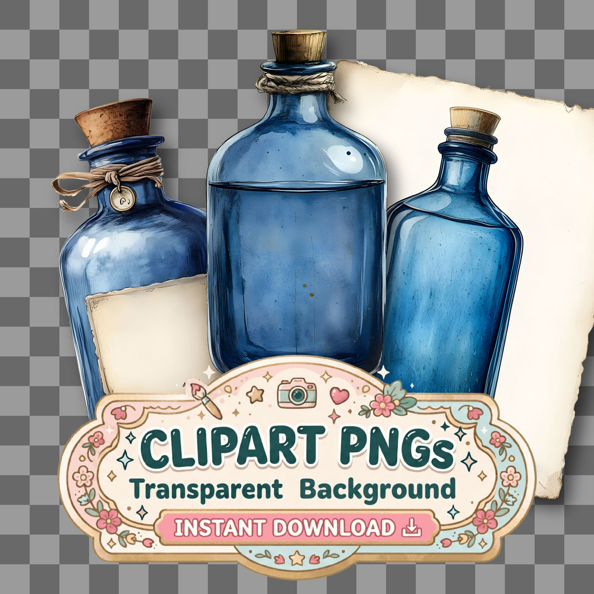 Blue Apothecary Vintage Style Clipart Pngs