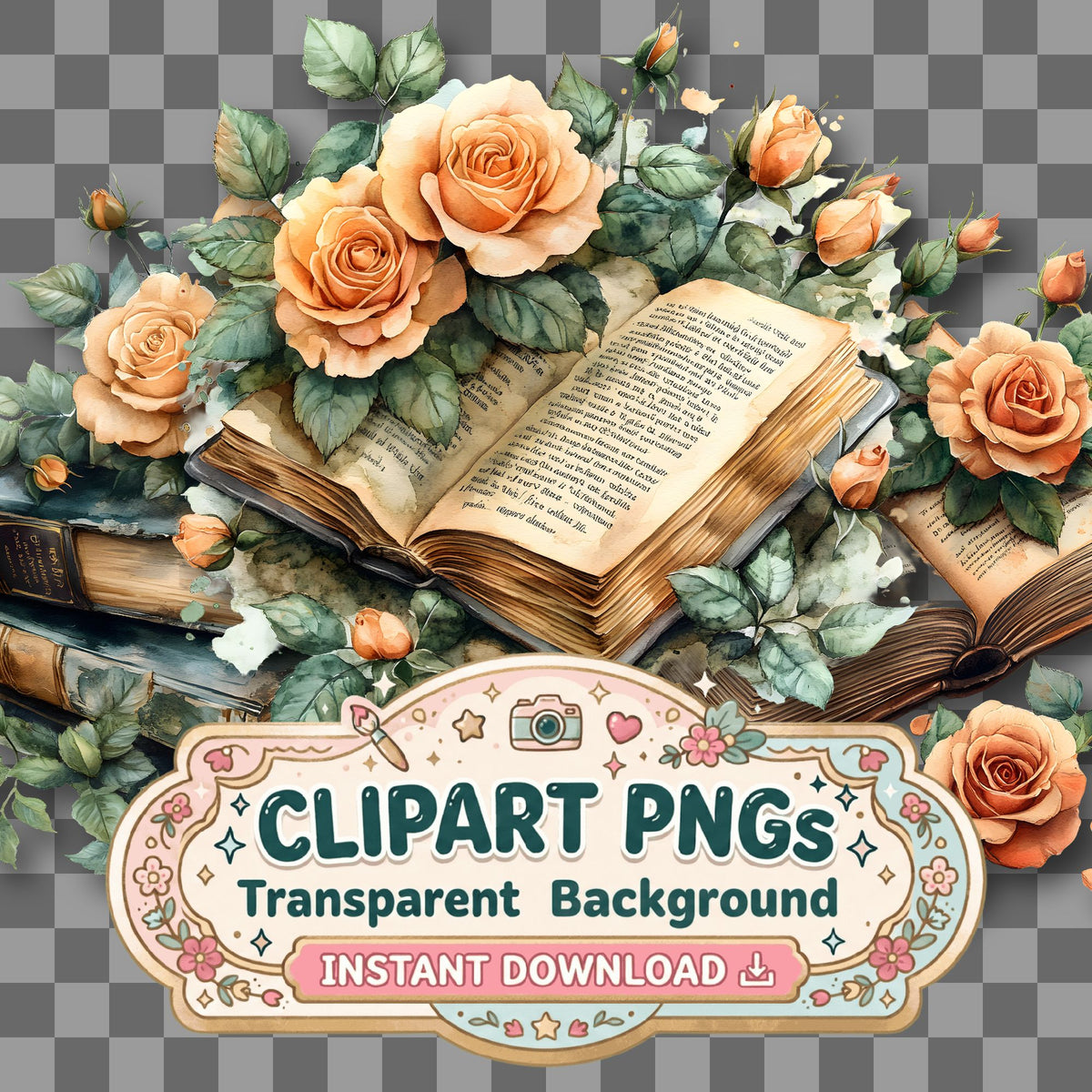 Book And Roses floral clipart with transparent background, digital download cover