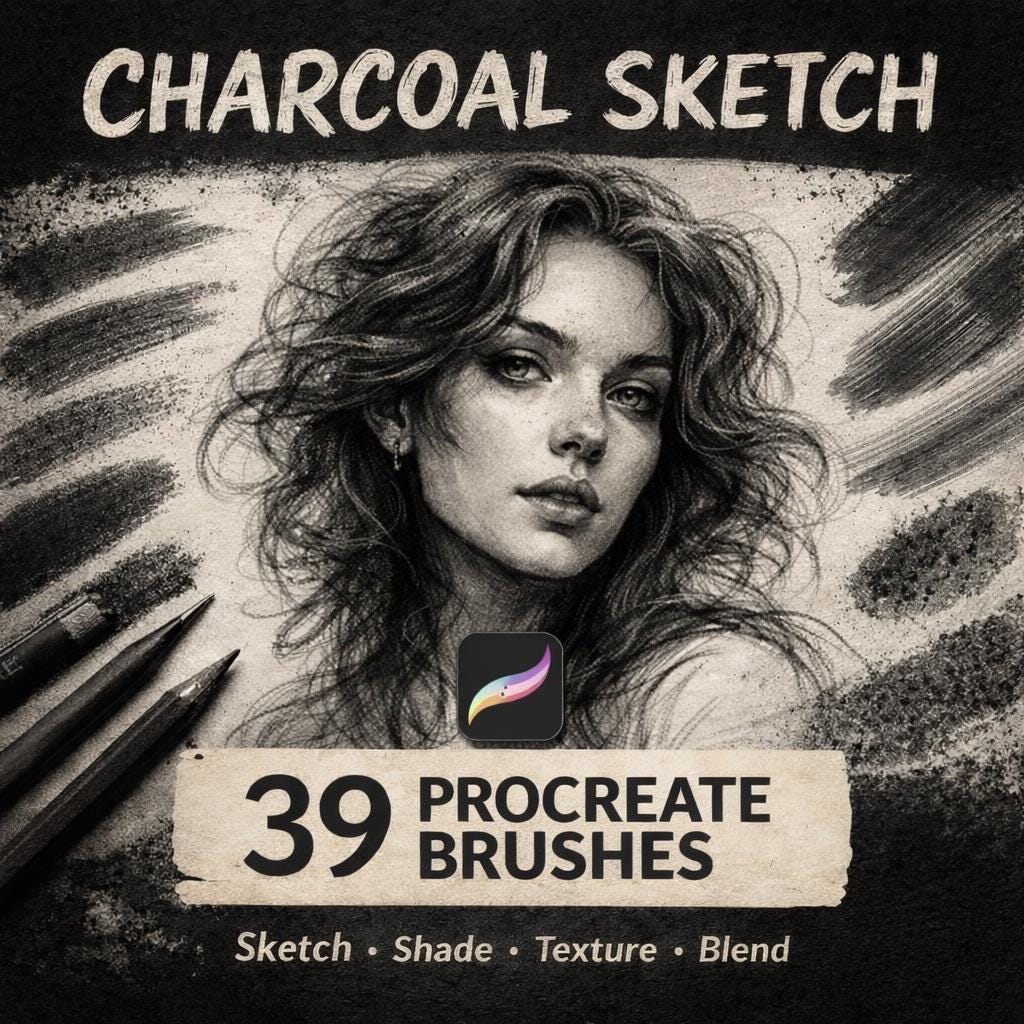 39 Charcoal Procreate Brushes, Sketch, Shading, Texture (Digital Download)