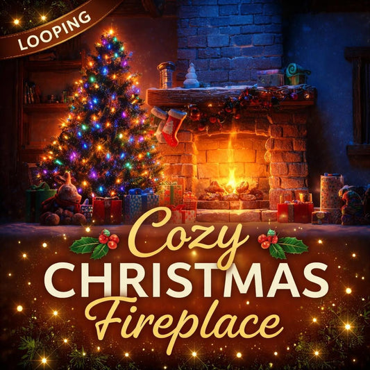 Christmas fireplace tree loop video | cozy lo-fi ambience, nature forest backdrop | animated motion background for streaming & de