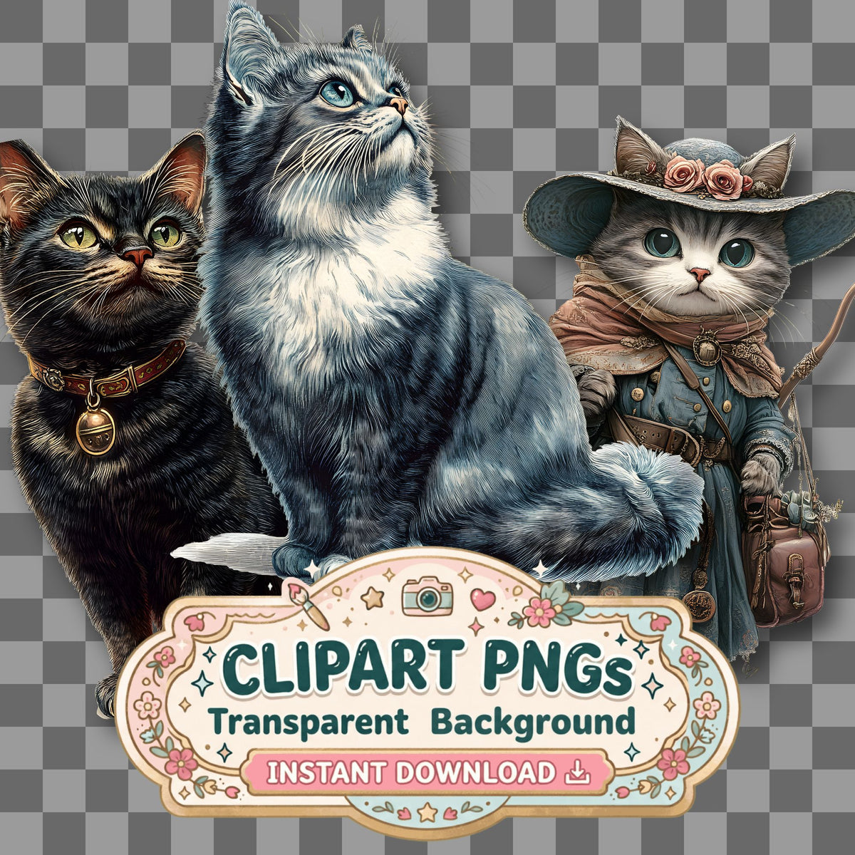 Cat Vintage Style Clipart Pngs