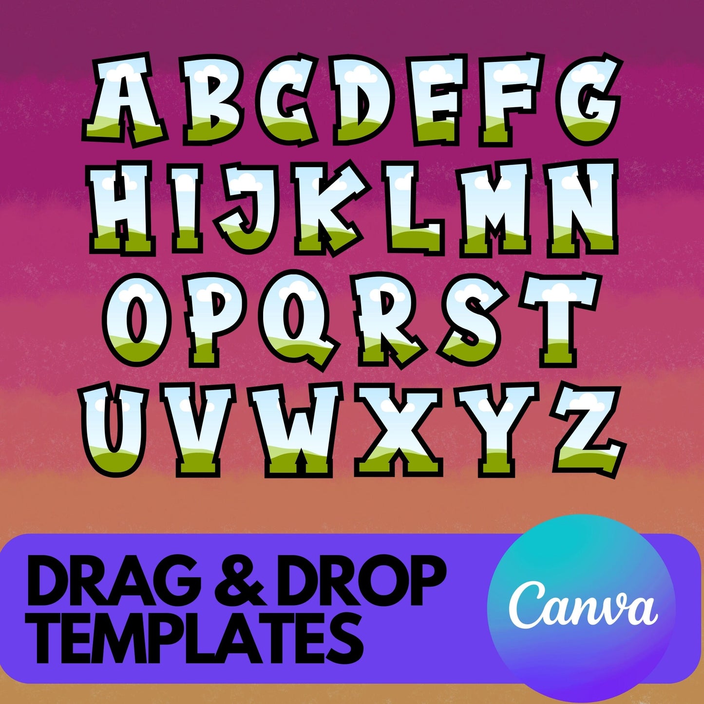Alphabet Canva Frames - Commercial Use Letters CANVA - Drag and Drop Letters Numbers Frames Alphaset Groovy Alphabet Designs Canva Templates