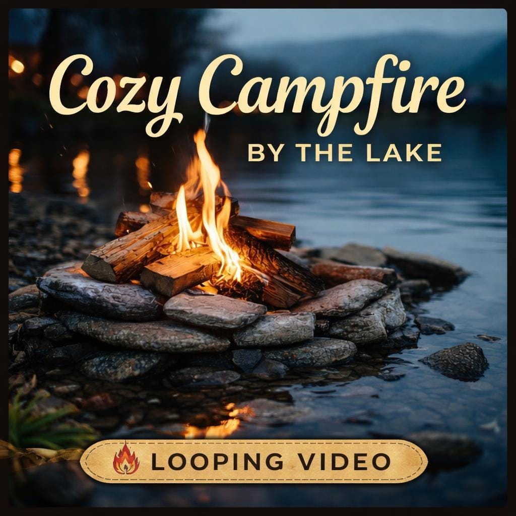 Campfire background loop | Lake video, nature animated background, seamless loop | Calming video background for projects