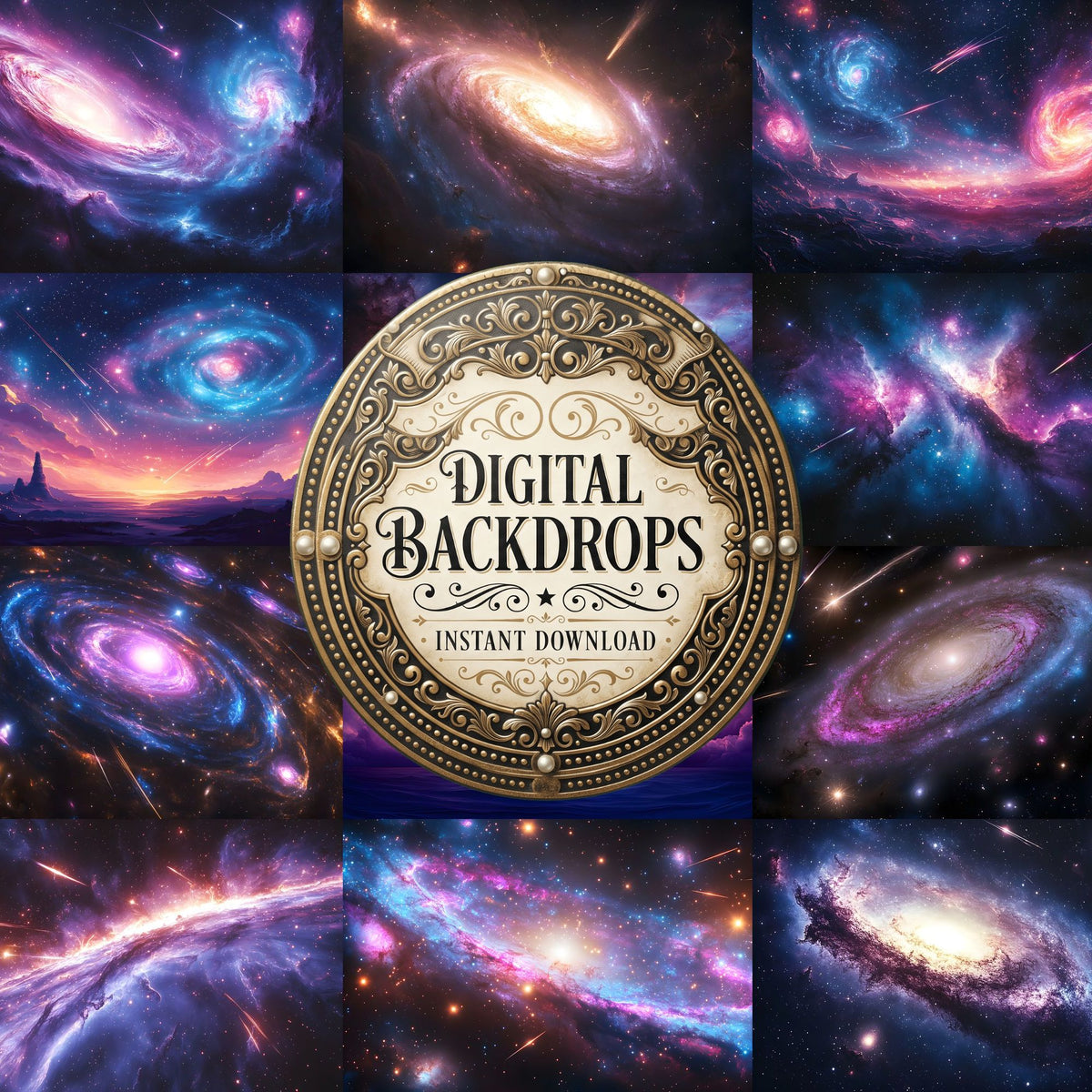 Celestial Galaxy Glow digital photography backdrops, preview of the downloadable set