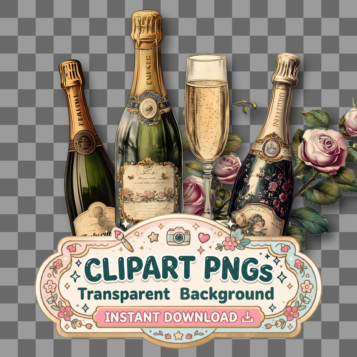 Champagne Vintage Style Clipart Pngs