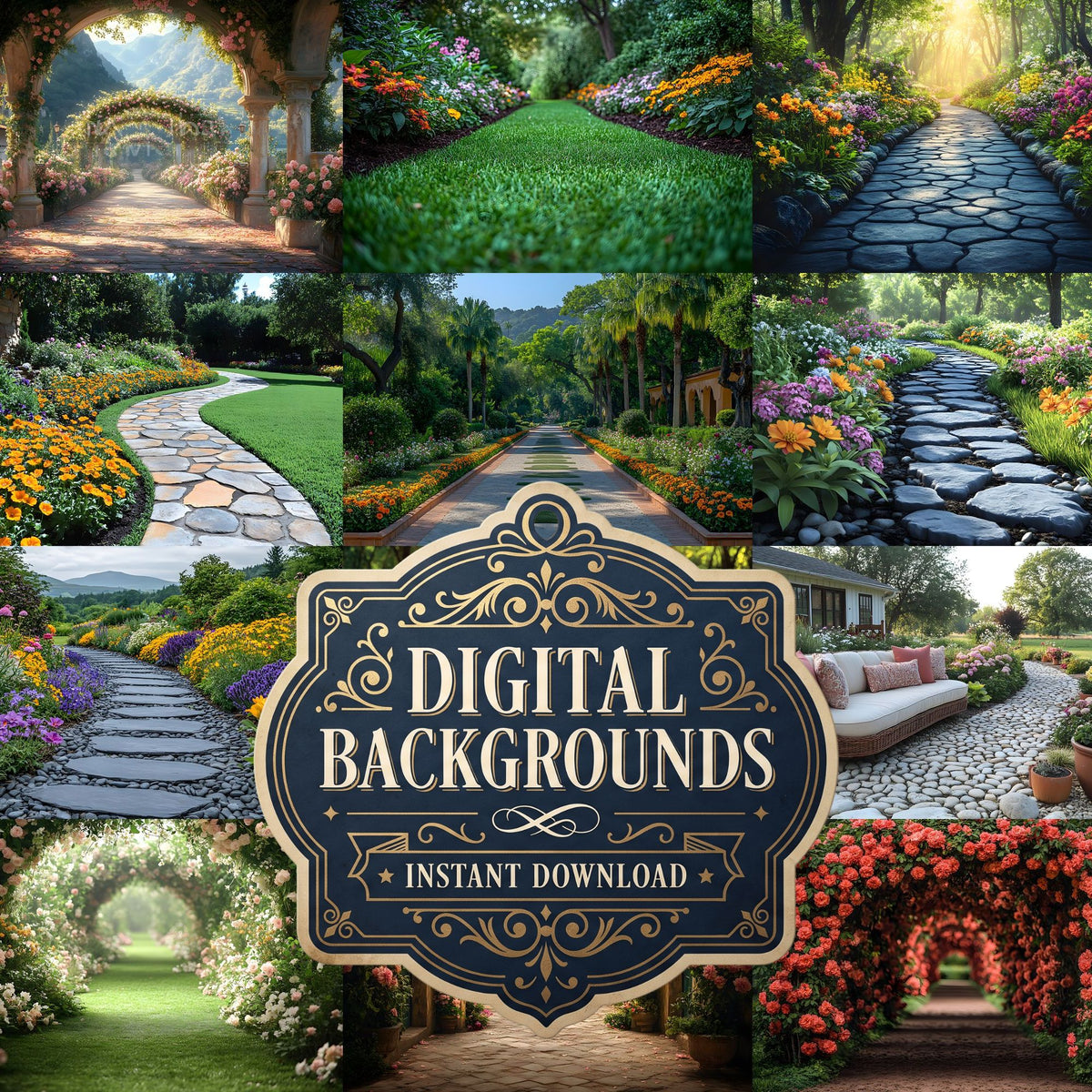 Charming Garden floral digital photography backdrops, preview of the downloadable set