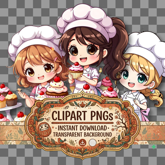 Chibi Baker Cupcakes kawaii clipart with transparent background, digital download cover
