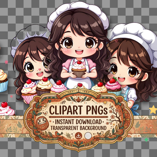 Chibi Baker Cupcakes kawaii clipart with transparent background, digital download cover