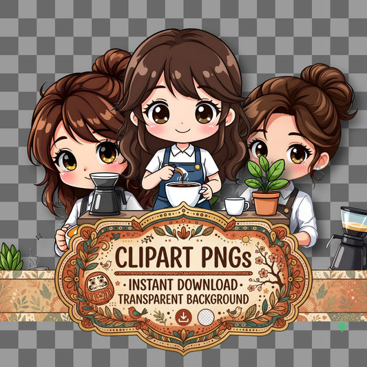 Chibi Barista Making Coffee kawaii clipart with transparent background, digital download cover