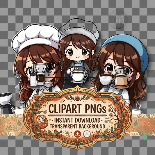 Chibi Barista Making Coffee kawaii clipart with transparent background, digital download cover