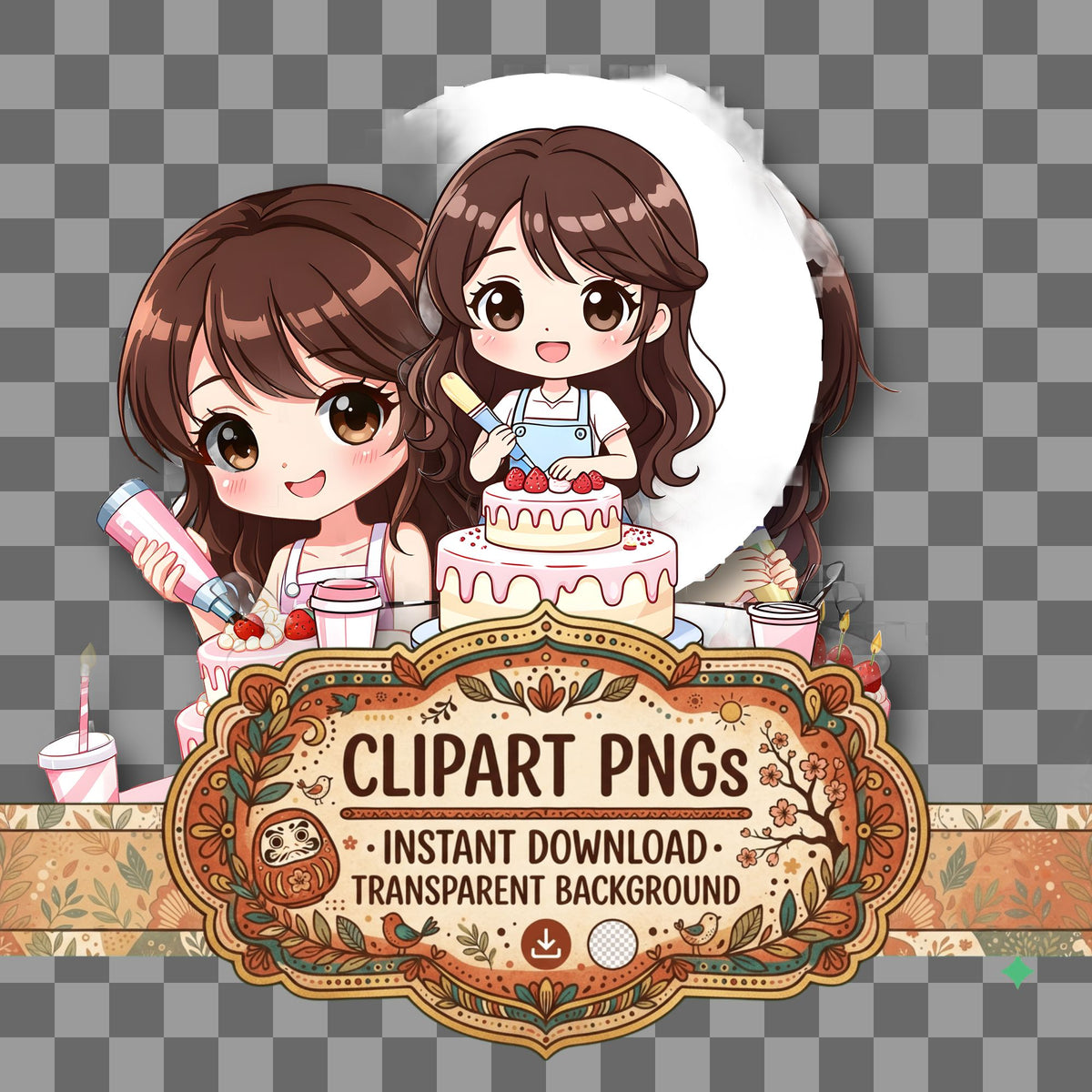 Chibi Cake Decorator kawaii clipart with transparent background, digital download cover