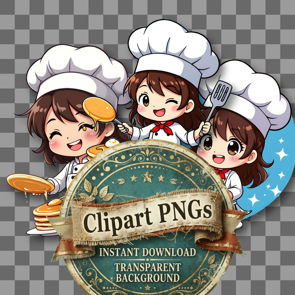 Chibi Chef Flipping Pancake kawaii clipart with transparent background, digital download cover