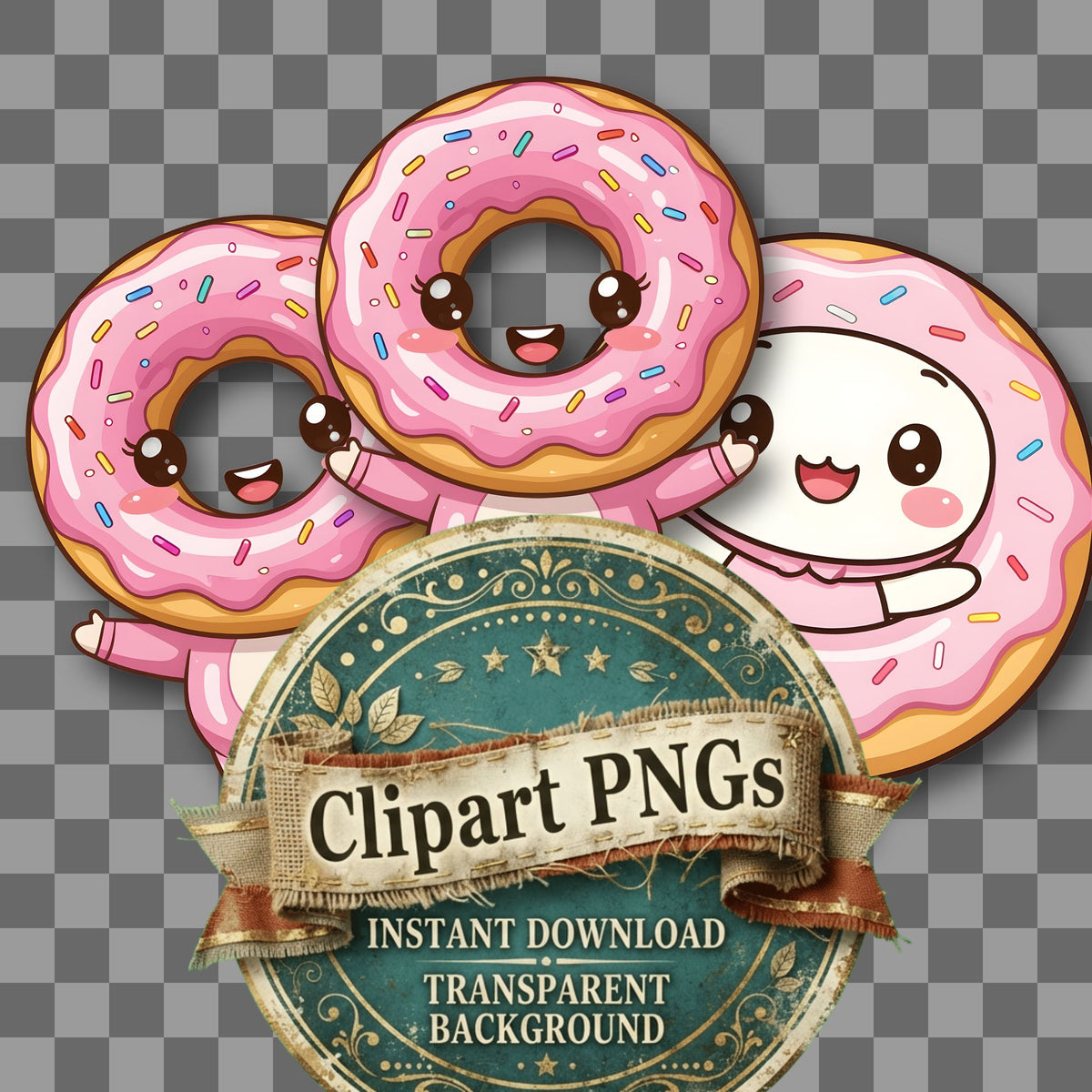 Chibi Donut Mascot kawaii clipart with transparent background, digital download cover