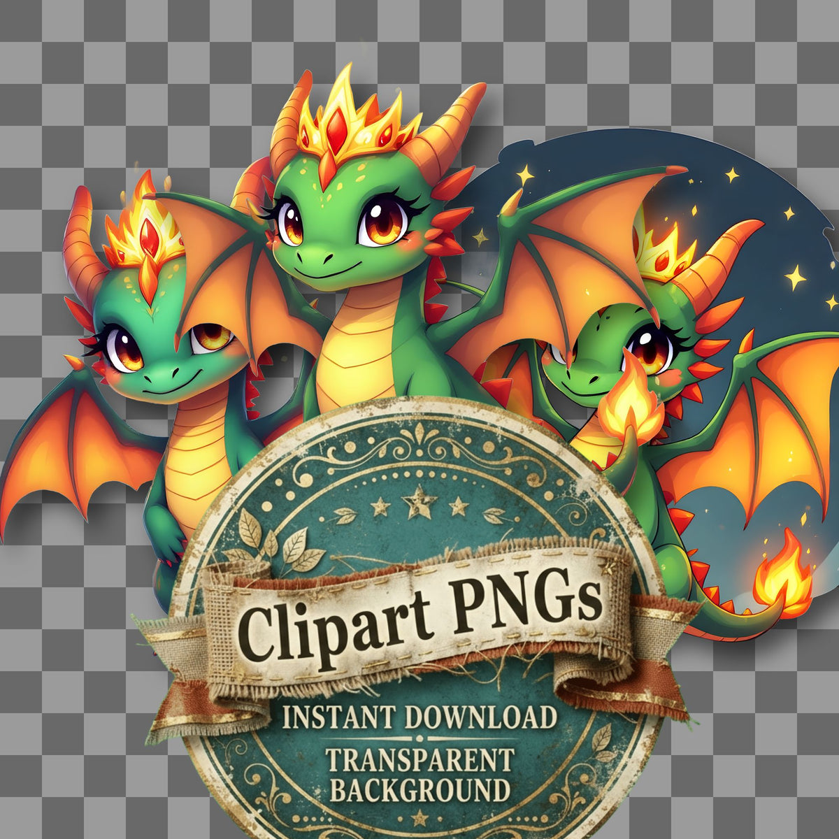 Chibi Dragon Queen kawaii clipart with transparent background, digital download cover