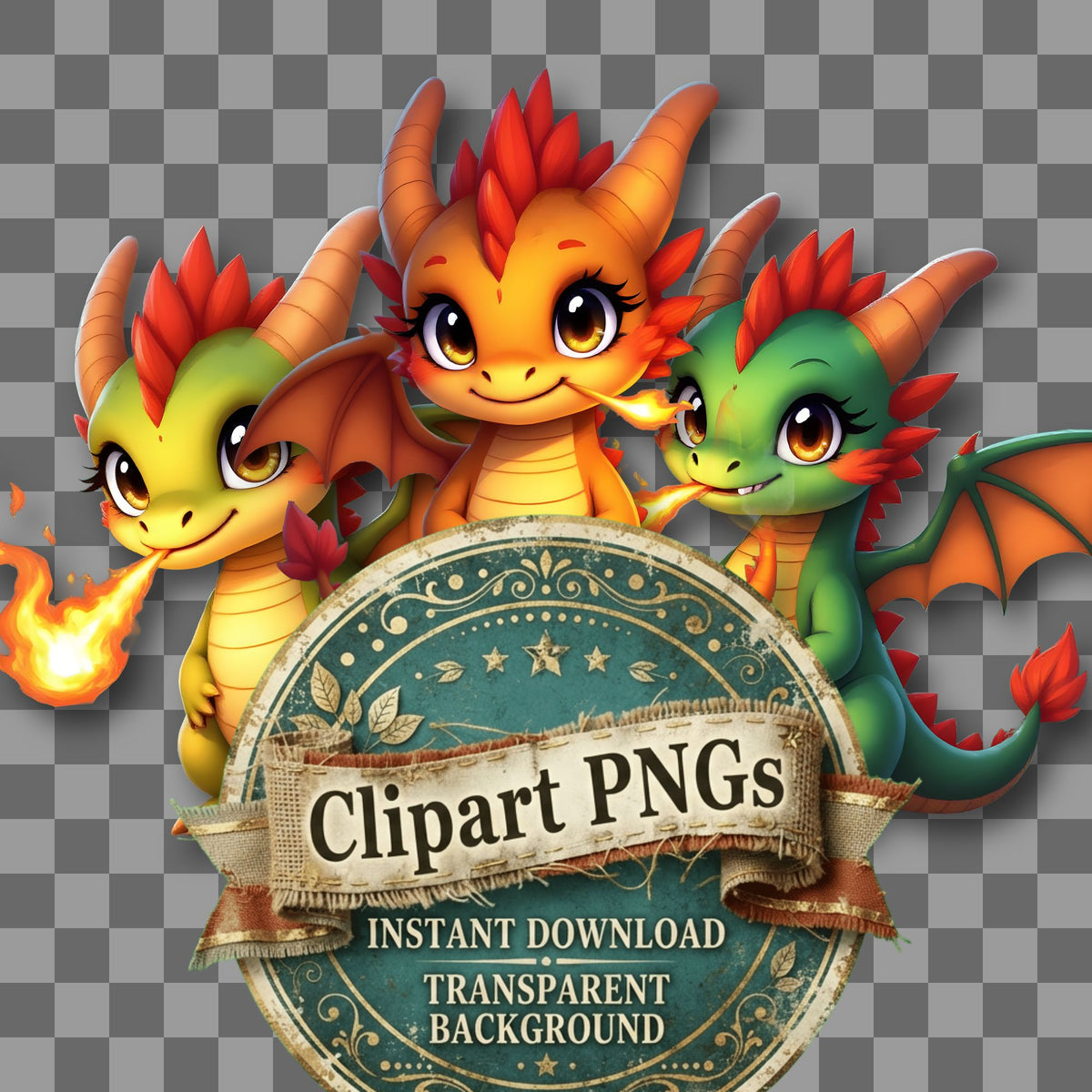 Chibi Dragon Tiny kawaii clipart with transparent background, digital download cover