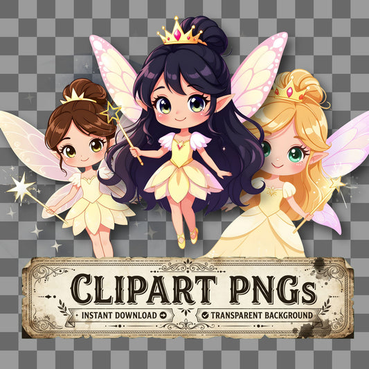 Chibi Fairy Princess kawaii clipart with transparent background, digital download cover