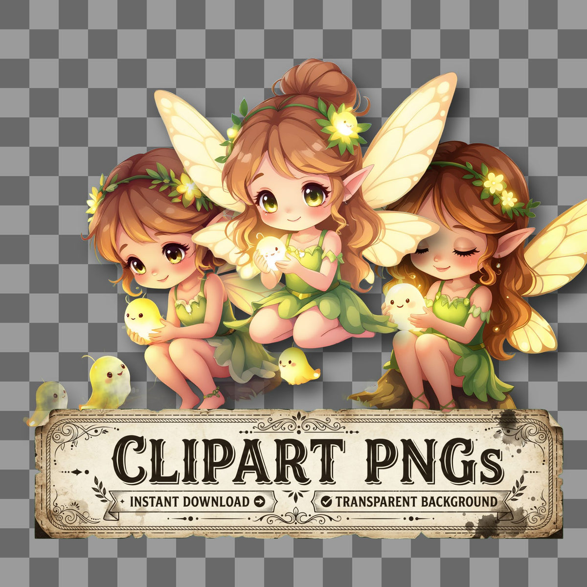 Chibi Fairy kawaii clipart with transparent background, digital download cover