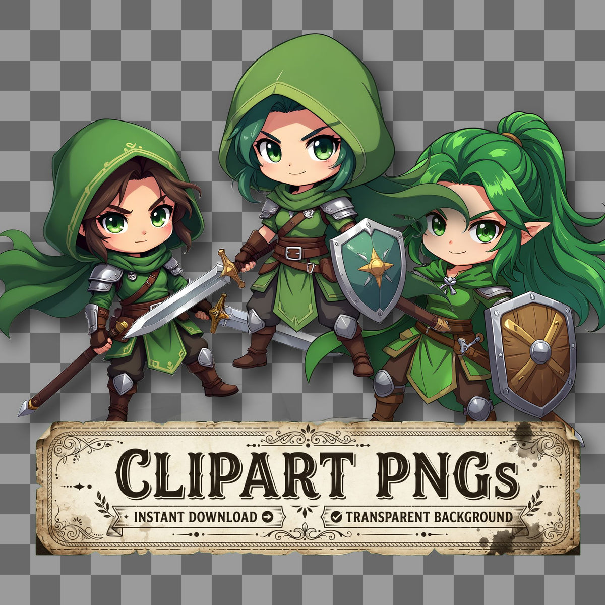 Chibi Fantasy Warrior kawaii clipart with transparent background, digital download cover