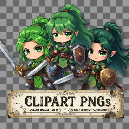 Chibi Fantasy Warrior kawaii clipart with transparent background, digital download cover