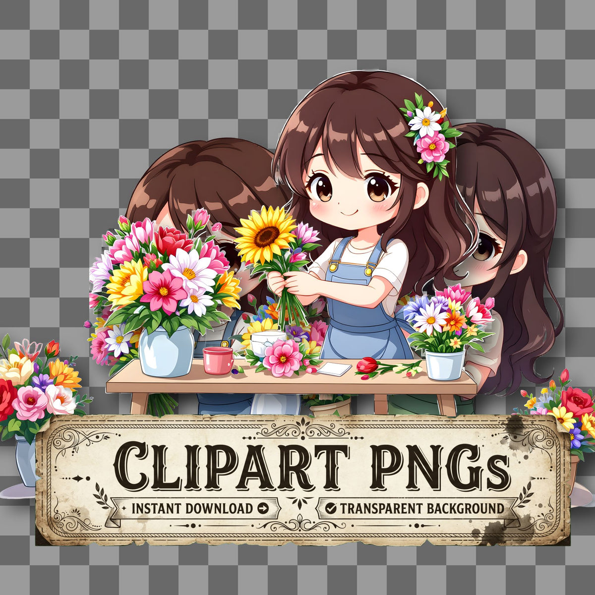 Chibi Florist Arranging Flowers floral clipart with transparent background, digital download cover